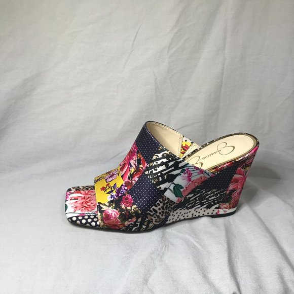 Jessica Simpson Aishia 2 Wedge Mule Sandal Floral Patchwork Square Toe Size 7.5 - Picture 1 of 8